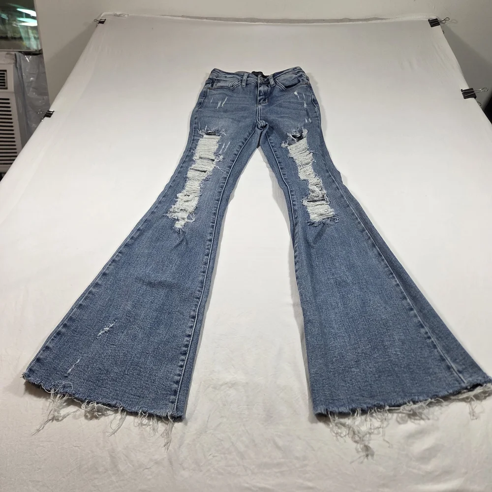 Judy Blue Medium Blue Flare Jeans with Distressed Details - Picture 13 of 13